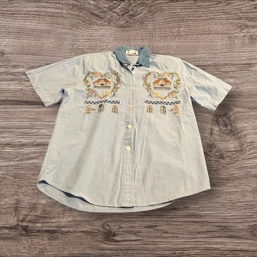 Vintage Feolane Denim Chambray Embroidered Short Sleeve Women’s Button Up Top M